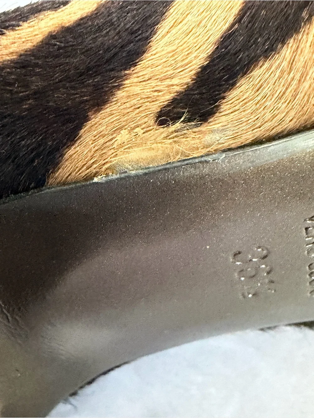 Fendi Calfhair Zebra Peep-Toe Heel, Gold Flagship Emblem, 36.5, some balding - Picture 13 of 16